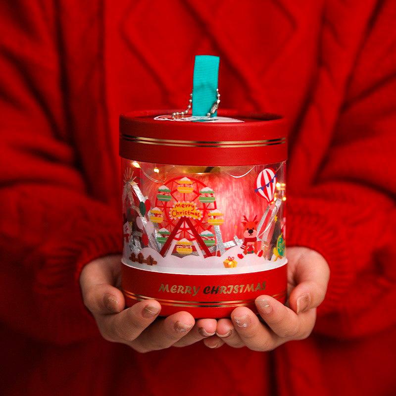 christmas apple box transparent round fiber drum pvc christmas eve christmas eve fruit packing box candy small round barrel apple box Specification drawing