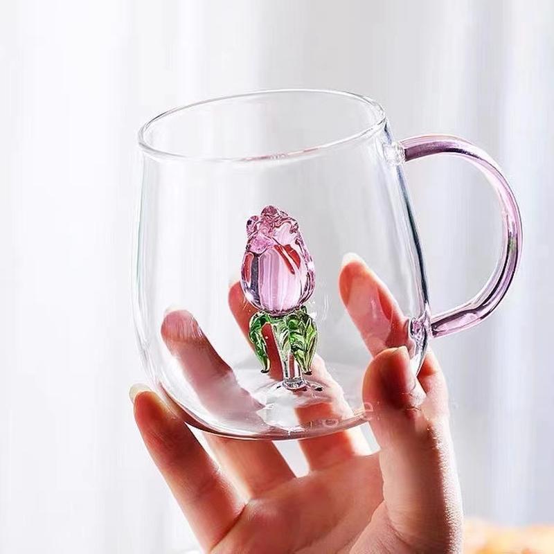 factory direct supply rose tulip heat-resistance glass three-dimensional creative fashion simple glass water cup full figure