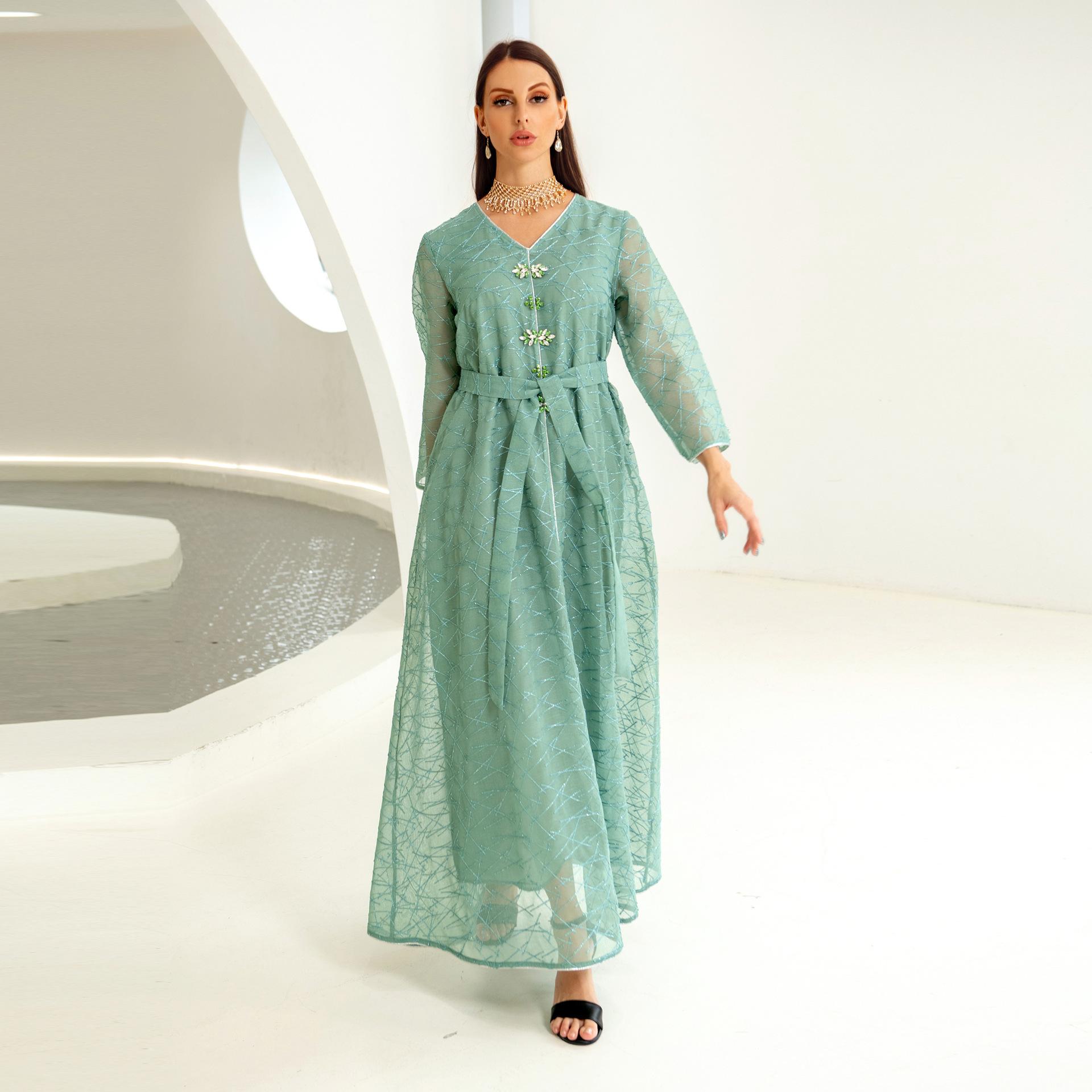 Ab236 Middle East Muslim Clothing Mesh Breathable Four Seasons Universal Abaya Handmade Beaded Temperament Dress details Picture