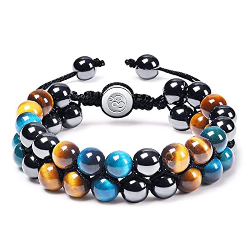 Cross-Border Hot Sale 8mm Blue Tigereye Black Magnet Bracelet Double-Layer Hand-Woven Black Agate Double-Row Bracelet for Men