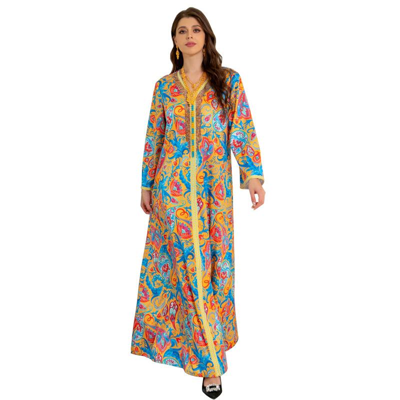 Ab305 Muslim Abaya Women's Clothing Middle East Saudi Arabia Casual Home Gold Rhinestone Printed Robe Item Picture