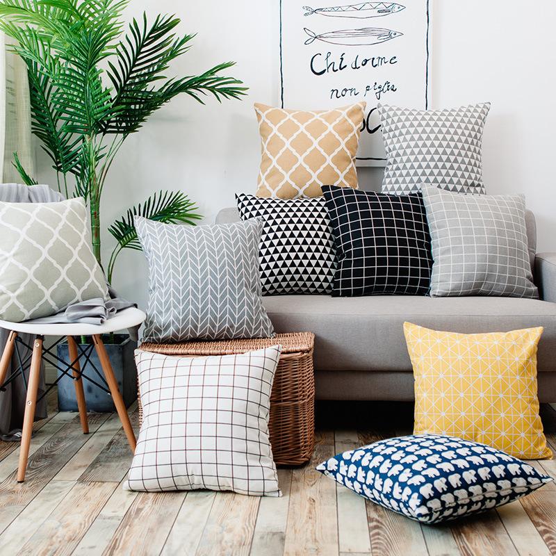 Nordic Polyester Cotton Pastoral Pillow Plaid Bedside and Sofa Back Seat Cushion Pillow Cover Home Textile Wholesale One Piece Dropshipping
