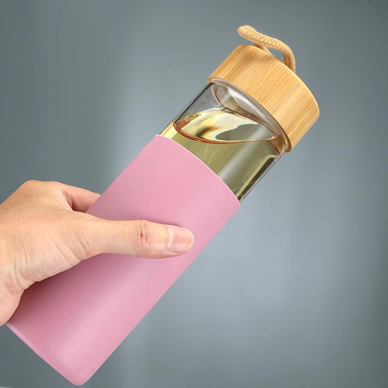 Borosilicate Glass with Silicone Cover Creative Bamboo Cover Single Layer Water Cup summer New Portable Portable Cup with Rope details Picture