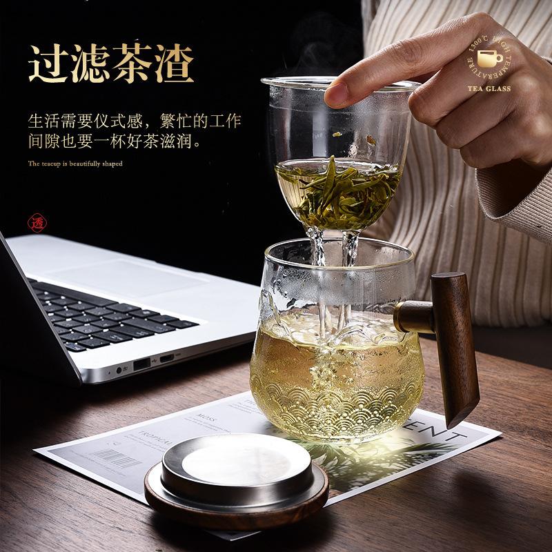 mountain and sea grain glass walnut three cups with cover strain tea cup office tea water separation scented tea cup Specification drawing