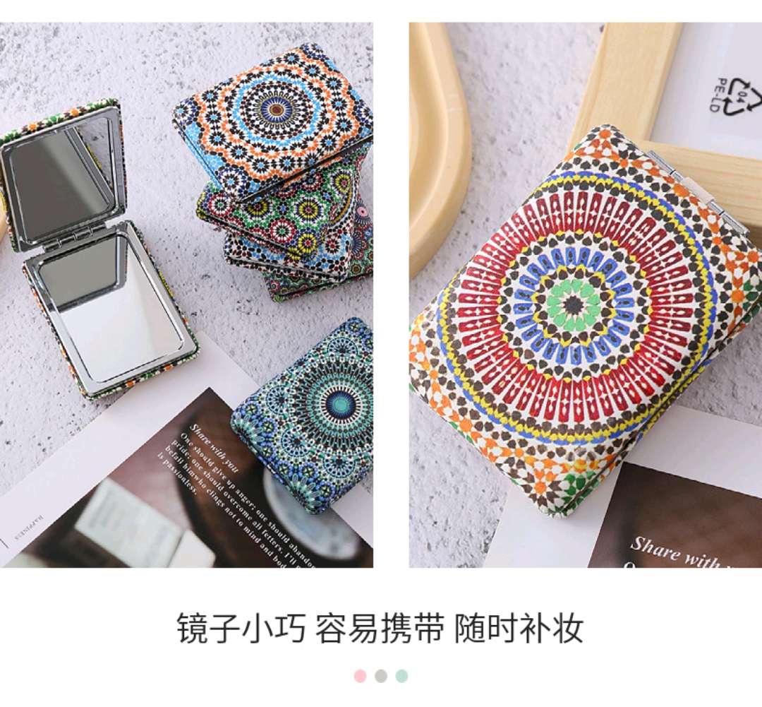 化妆折叠镜长方形面包镜复古风卡通印花便携厚款双面pu口袋化妆镜女生口袋镜详情图6