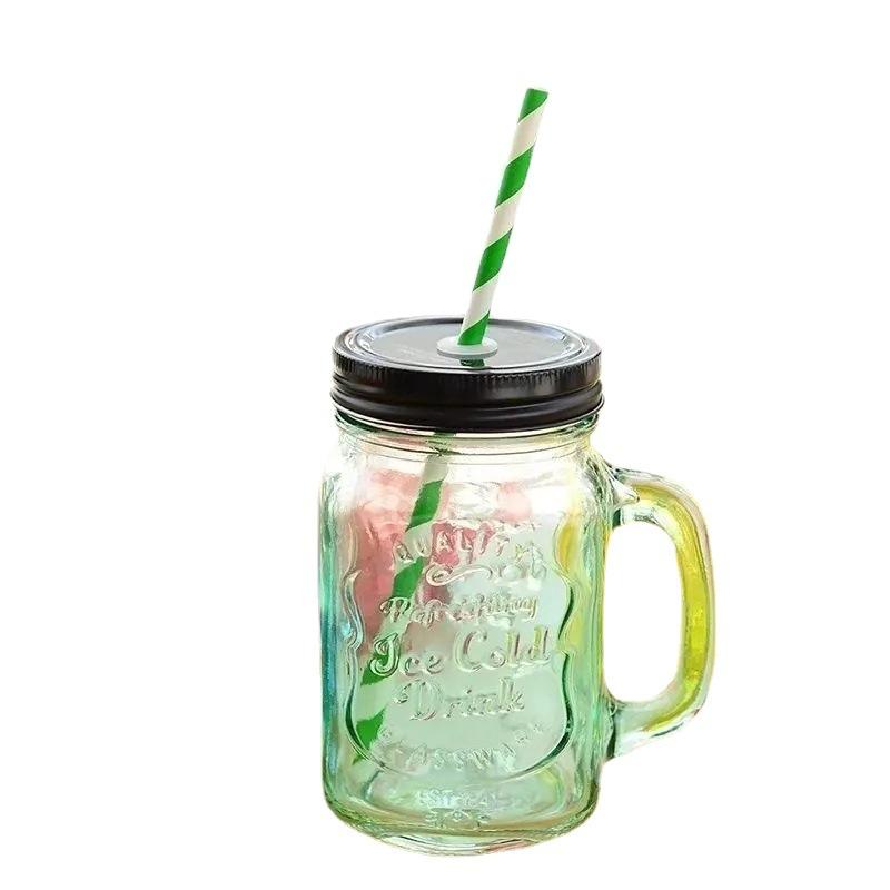 spot glass mason cup gradient juice cup coctail glass transparent mason cup with straw milk tea and beverage cup lettering Item Picture