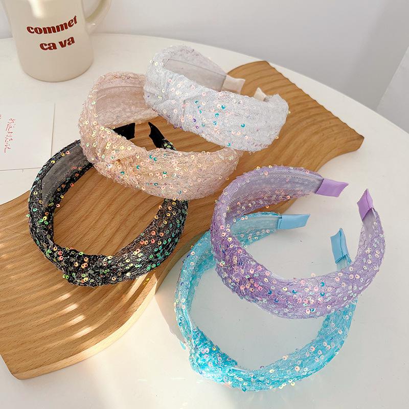 2023 New Korean Style Sequined Mesh Knotted Headband Female Sweet Beauty High Skull Top Headband Fashion Wild Wide Edge Hair Accessories details Picture