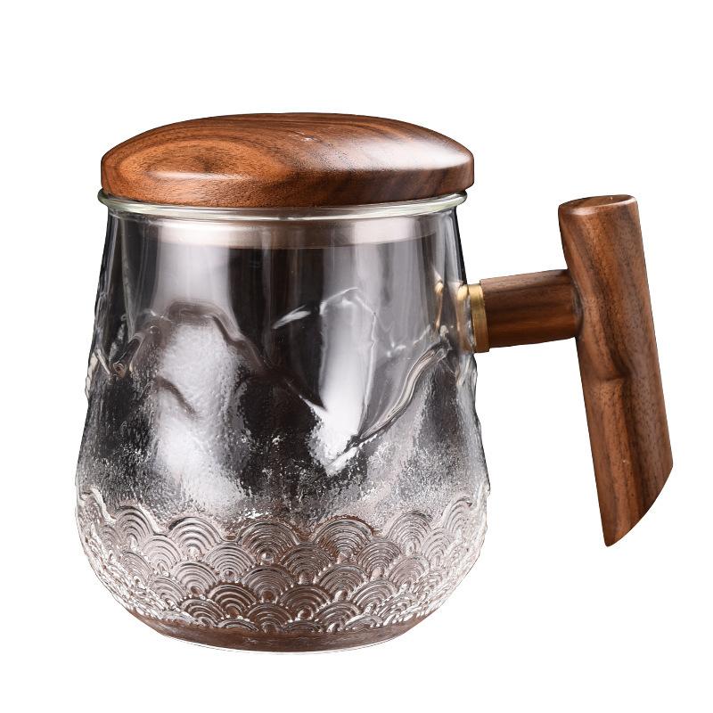 mountain and sea grain glass walnut three cups with cover strain tea cup office tea water separation scented tea cup Item Picture