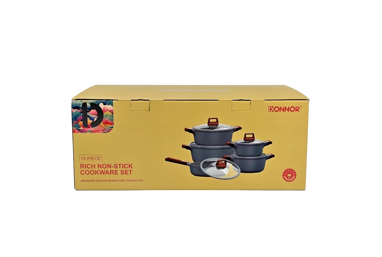 Fuli Series 15-piece set: 20/24/28/32 soup POTS, 28 deep frying pans, silicone LIDS, bottom stacked five-layer color boxes with gold foil, 2 sets per box. Colors: black, gray, dark gray Application Scenario
