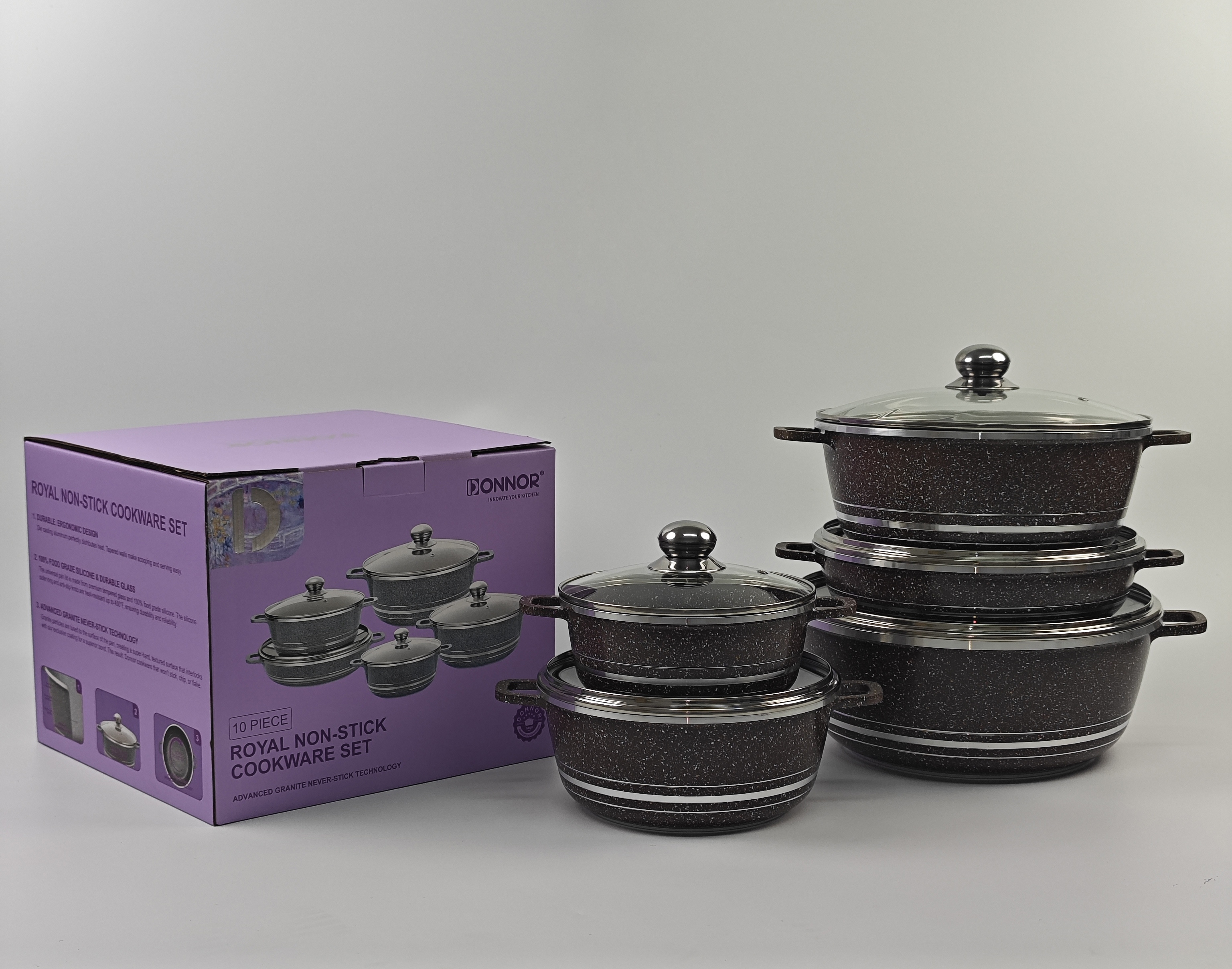 Elegant Series 10-piece set: 20/24/28/32 soup pot, 28 shallow soup pot, G-shaped lid, five-layer silver-embossed color box under the car, 4 sets per box. Colors: black, wine red, brown, gray