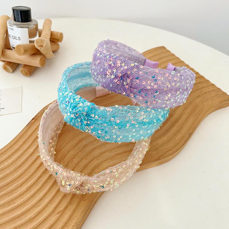 2023 New Korean Style Sequined Mesh Knotted Headband Female Sweet Beauty High Skull Top Headband Fashion Wild Wide Edge Hair Accessories Specification drawing