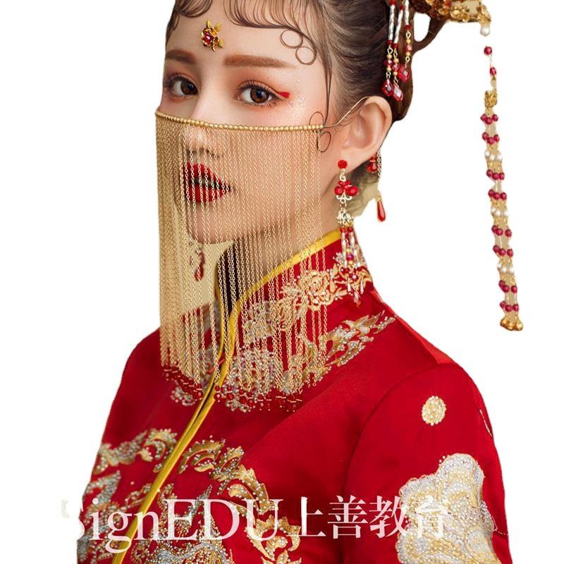new chinese style bride wedding headdress retro tassel mask xiuhe clothing phoenix coronet accessories hazy beauty step shake Item Picture
