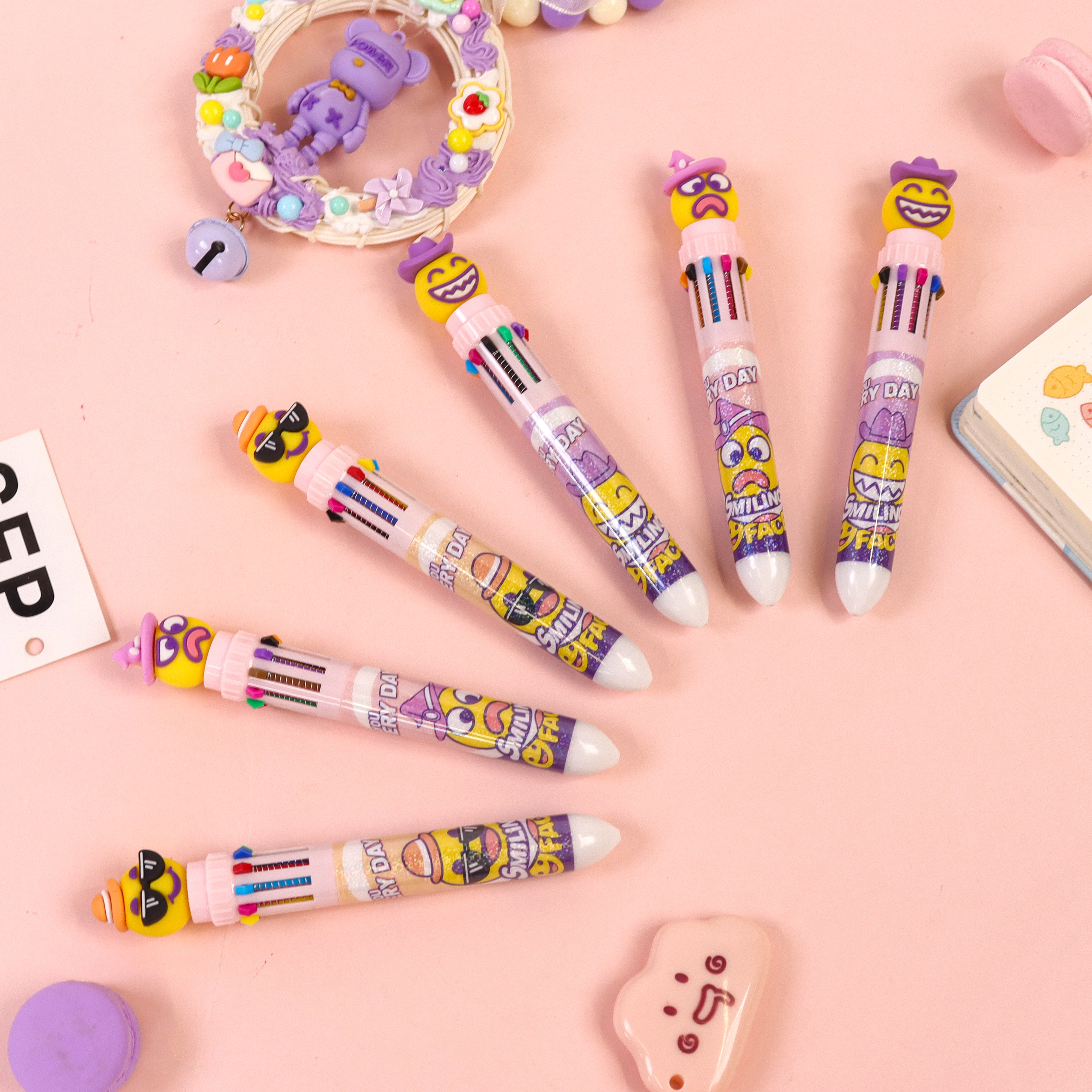 Ten-color smiling face multi-color pen creative stationery, ten-color ballpoint pen cartoon student multi-color press ballpoint pen wholesale cross-border new product direct supply from the manufacturer Specification image