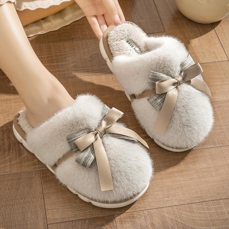 cotton slippers women's indoor home warm non-slip thick bottom fur slipper bowknot couple winter cotton slippers cotton slippers wholesale