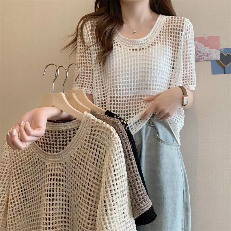 hollow-out knitted short-sleeved t-shirt women's summer loose sun protection blouse shoulder shirt see-through ice silk fishnet sweater