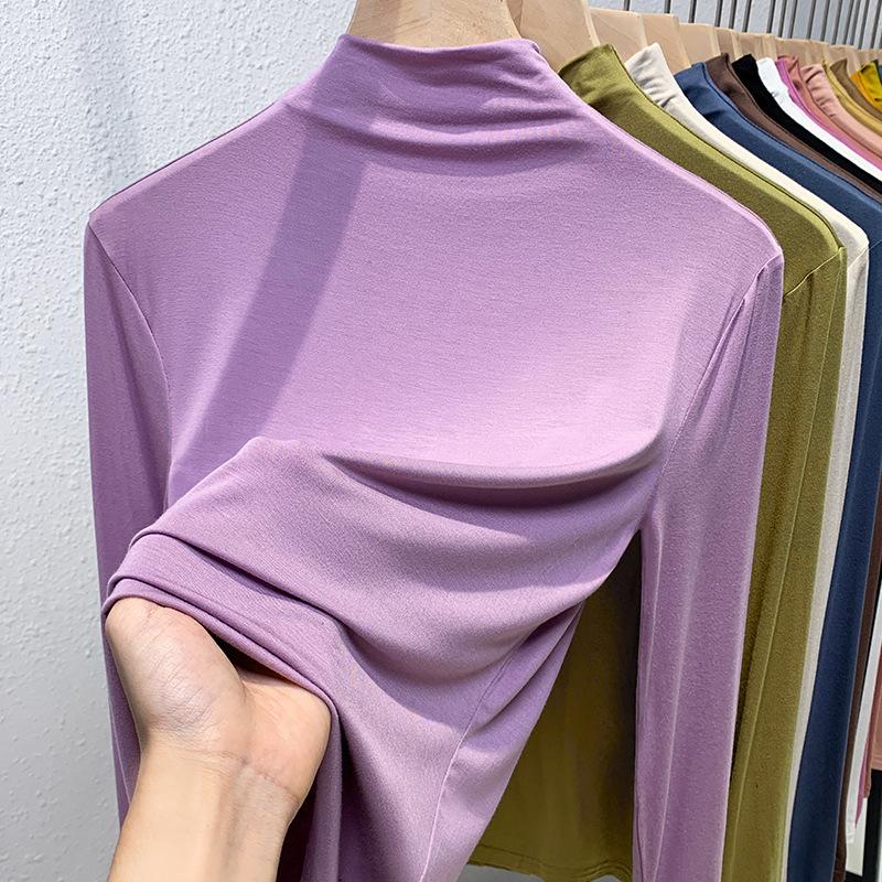 half turtleneck bottoming shirt women's 2024 new women's solid color long-sleeved t-shirt fleece lined padded warm keeping inner wear blouse Application Scenario