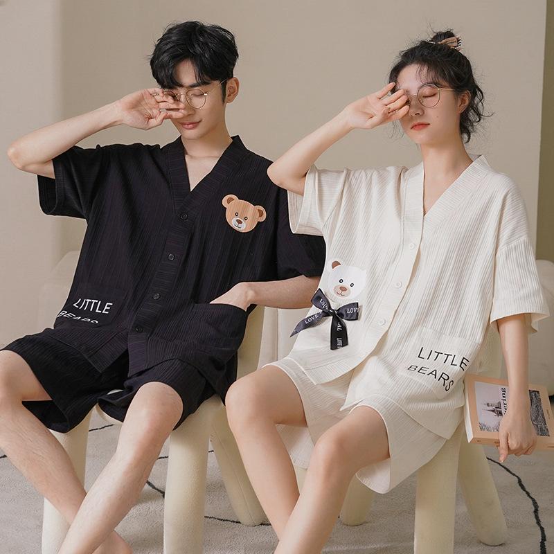 couple pajamas women's kimono summer cotton cardigan can be worn outside pajamas men's and women's short-sleeved shorts lapel suit export