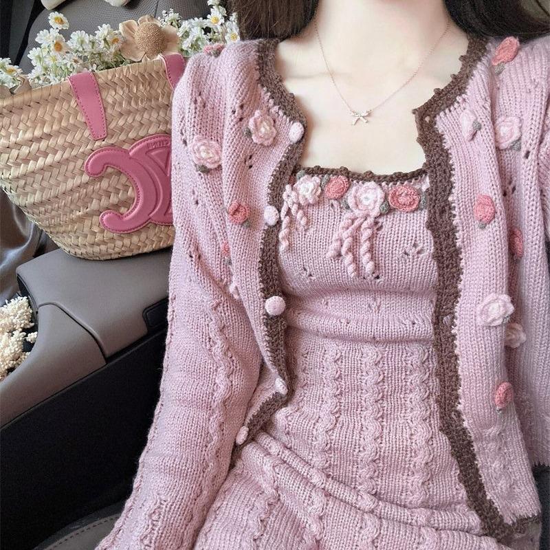 two-piece/one-piece vintage niche slimming cardigan coat + mid-length bottoming dress knitting suit women