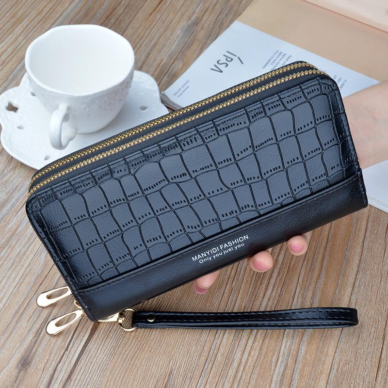 新款双拉链钱包女士手拿包长款油蜡皮钱夹大容量鳄鱼纹双层手机包