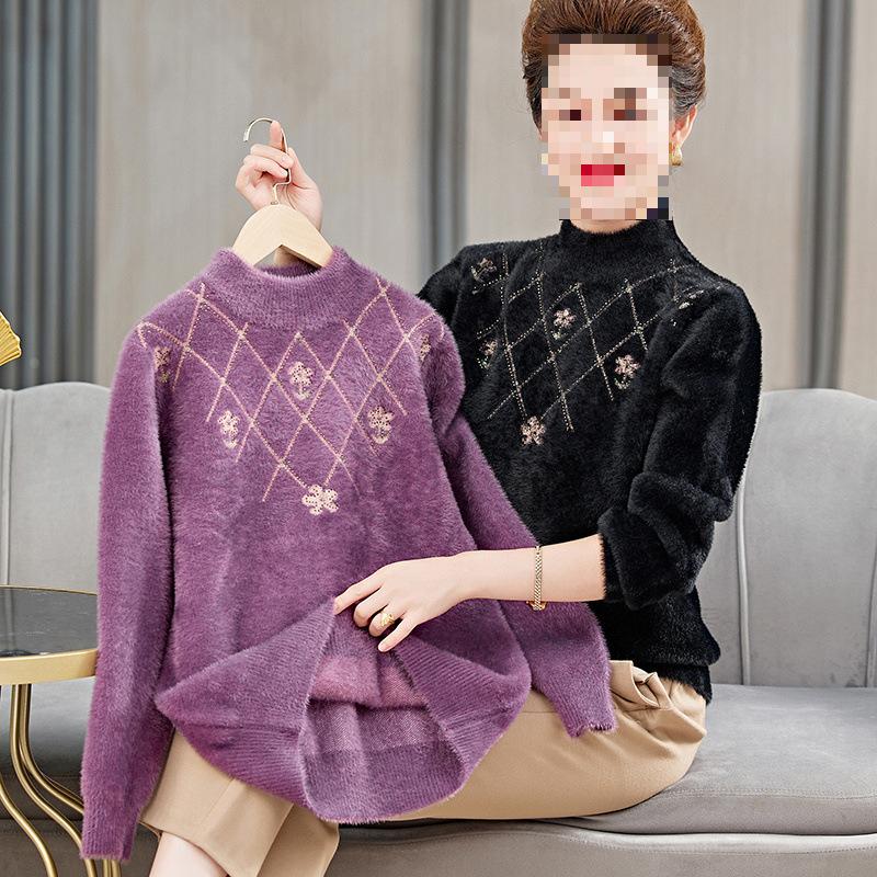 autumn and winter mom wear mink sweater women fleece lined padded warm keeping inner wear blouse middle-aged and elderly knitted bottoming shirt women