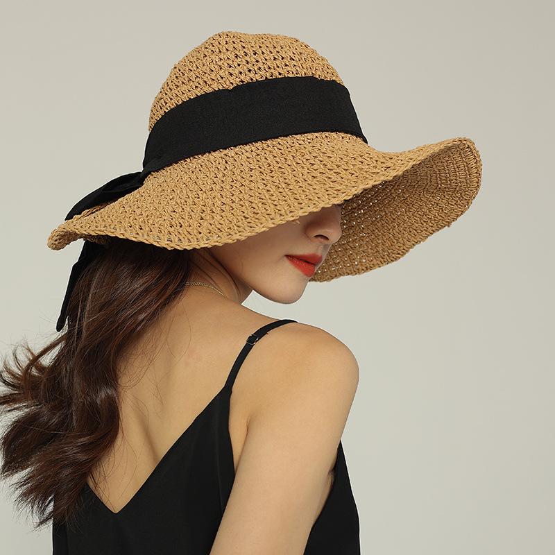 bowknot straw edge visor straw hat summer hat sun hat female sun protection uv protection foldable beach big brim