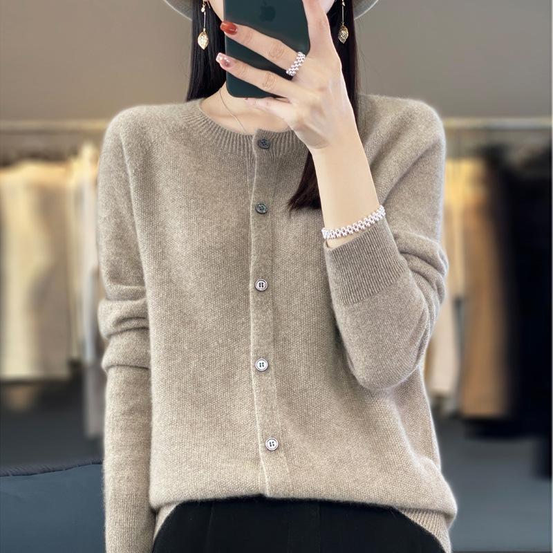 front line ready-made garments pure wool knit cardigan for women autumn and winter round neck loose-fitting long sleeve sweater coat top solid color outerwear
