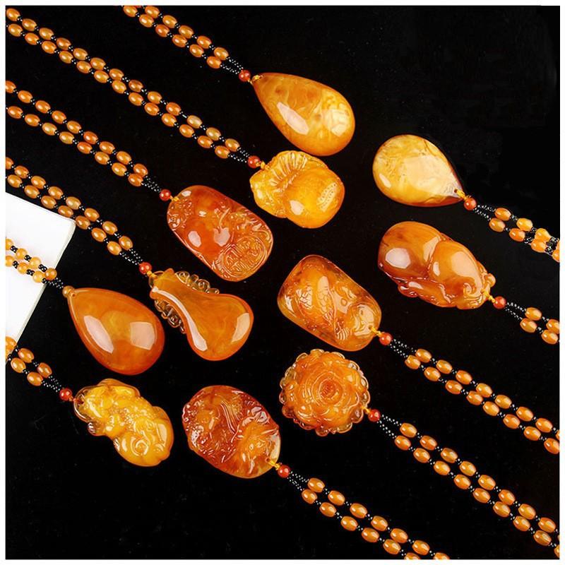 old beeswax pendant sweater chain mother's day gift second generation yellow chicken grease amber long pendant imitation beeswax necklace full figure