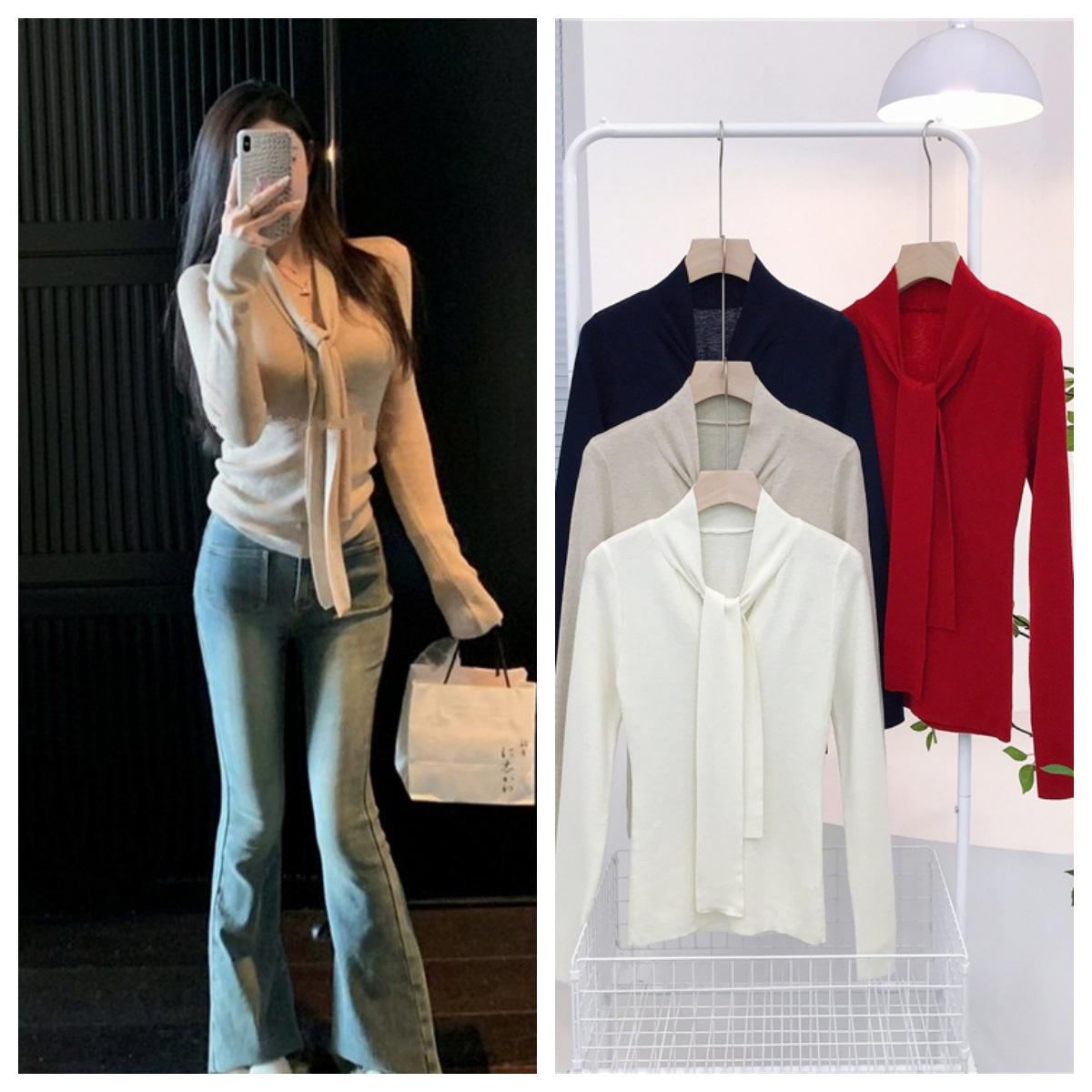 7761 korean style cashmere solid color and v-neck lace-up gold secretary wear slimming sweater inner wear blouse women