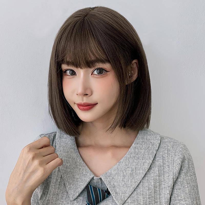 wig women's short hair korean style bob haircut cute nk0104 bangs round face girl collarbone length haircut full-head wig bobhaircut
