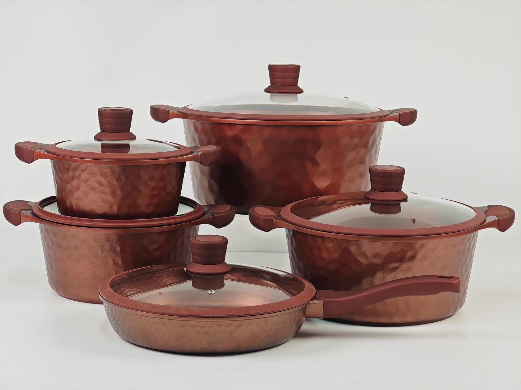 Qili Series 10-piece set: 20/24/28/32 soup POTS, 28 deep frying pans, silicone LIDS, five-layer silver-embossed color boxes stacked under the car, 2 sets per box. Colors: white, red, green, orange Specification image