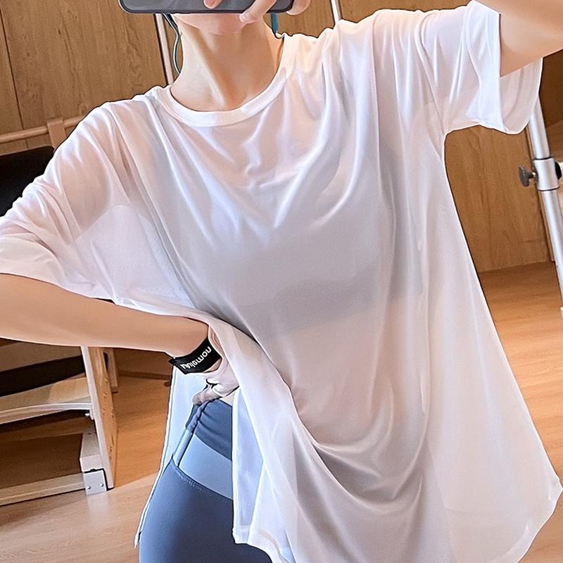 2024 mesh breathable quick-drying workout clothes loose running sports short-sleeved blouse slimming yoga jacket full figure