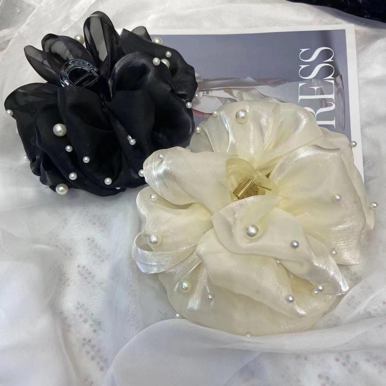 khaki grip women's black bow shark clip back head hairpin headdress organza pearl