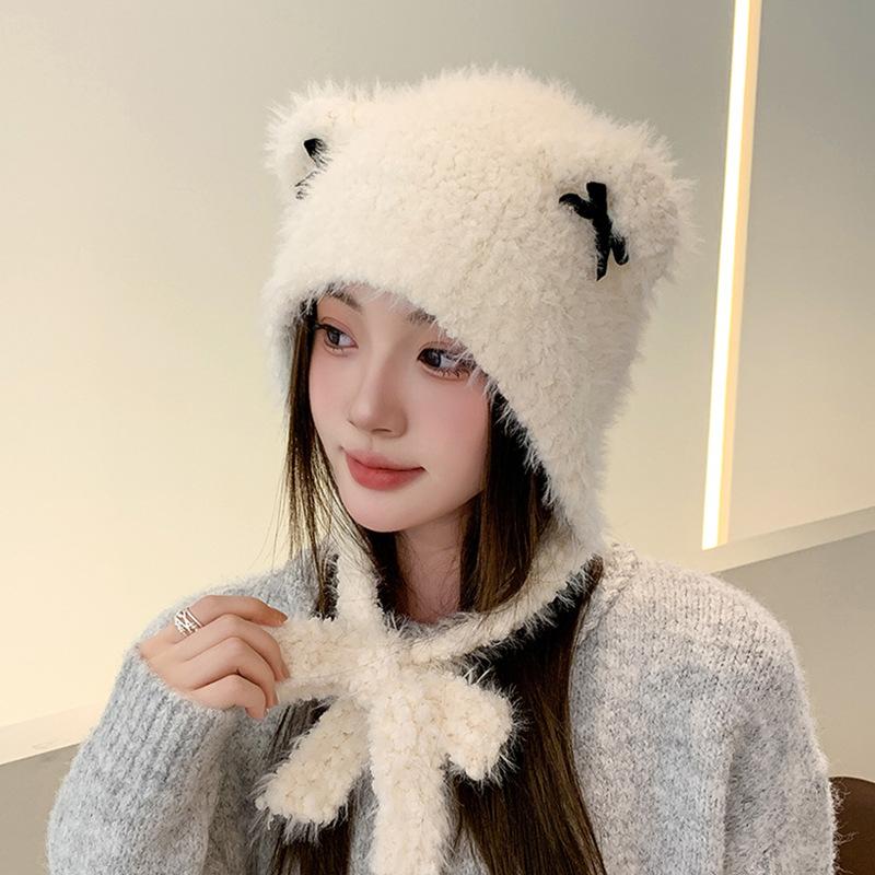 new cute ears bowknot plush ushanka female winter cover ears cold-proof warm all-matching knitted hat