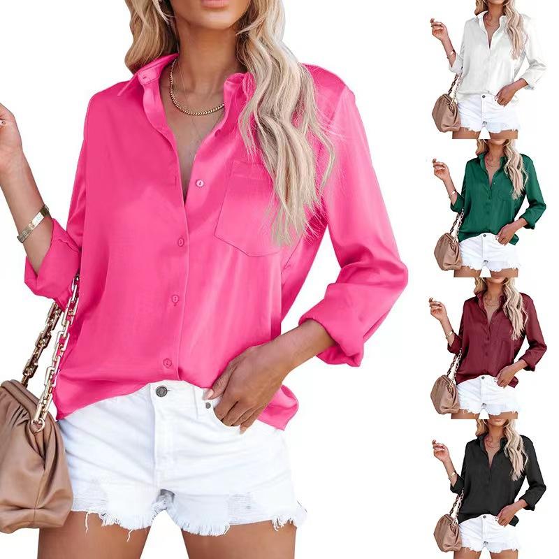european and american foreign trade 2024 spring amazon hot acetate satin solid color long-sleeved business blouse shirt for women details Picture