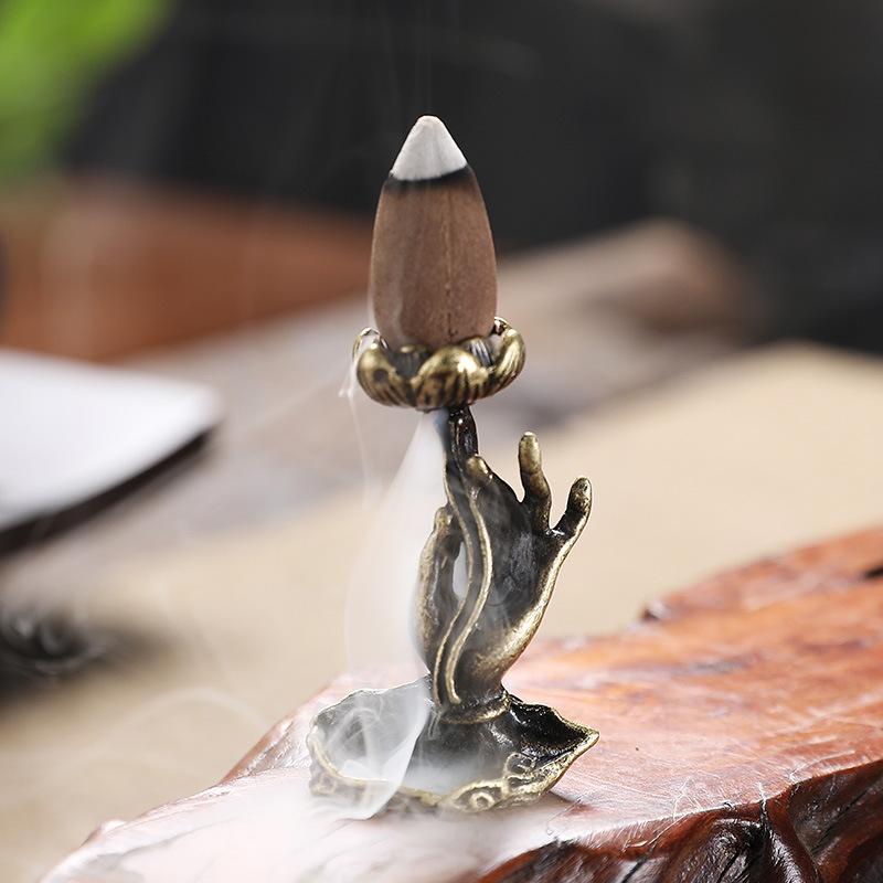 [quantity discounts] vintage brass decoration buddha hand backflow incense holder pure copper lotus incense holder indoor home decoration