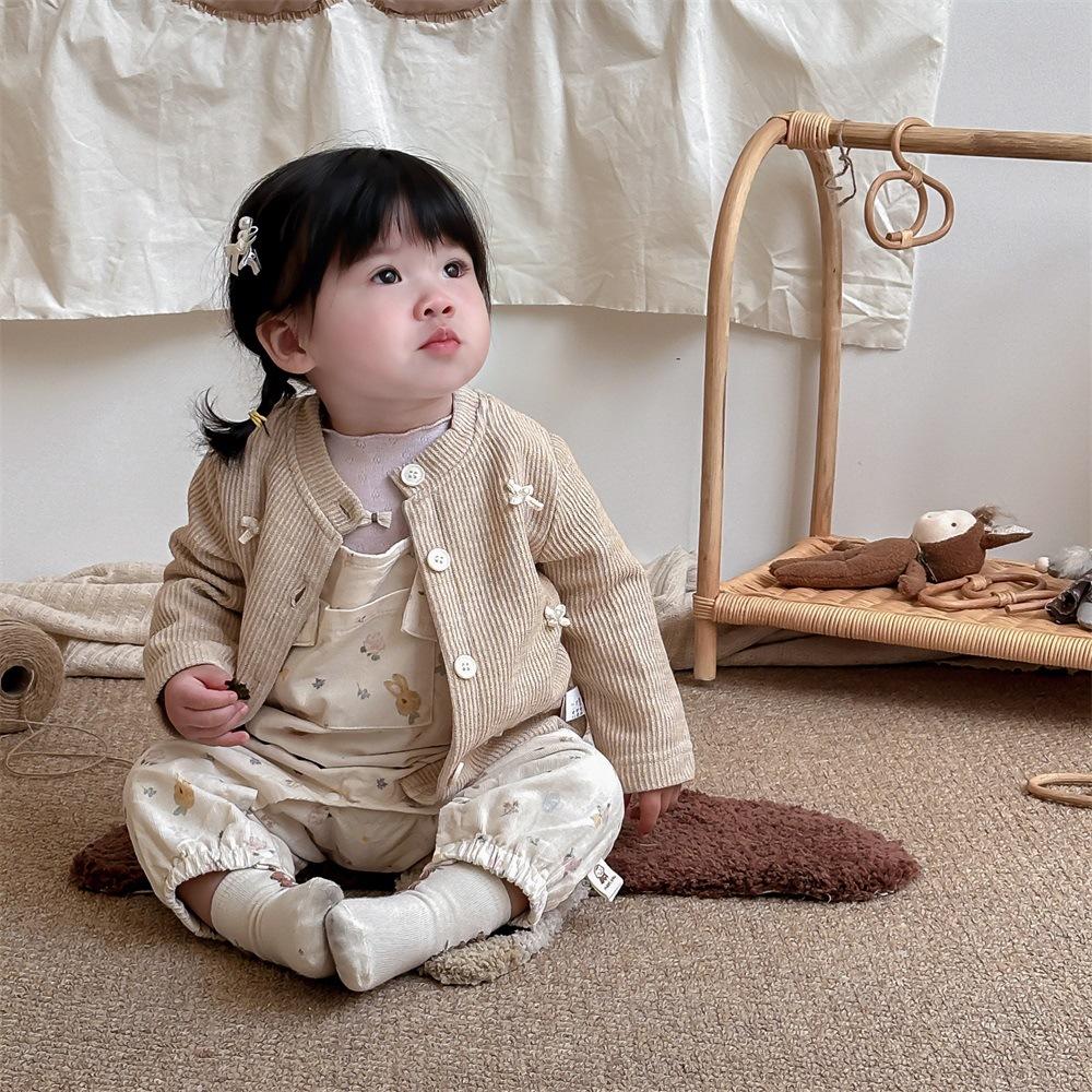 2024 autumn clothing infant girl baby bow round neck sweaters cardigan coat all-matching long sleeve top