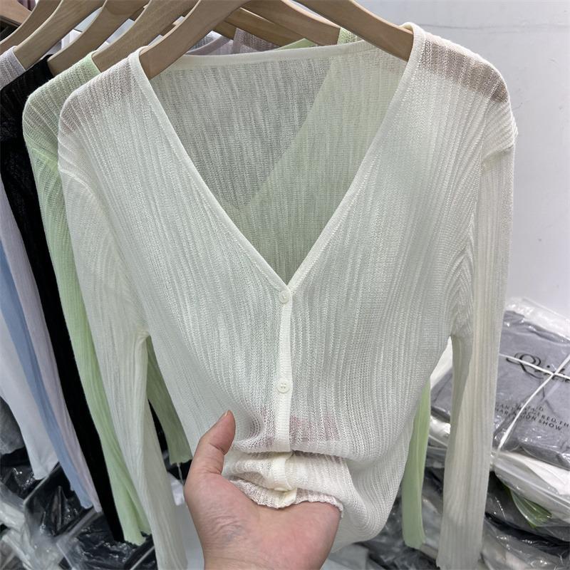 thin long-sleeved ice silk knitted cardigan women's summer new sun protection air conditioning shirt v-neck temperament top outer blouse Application Scenario