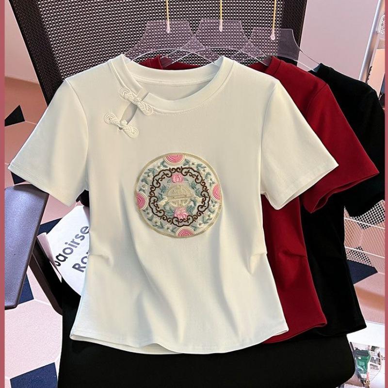 new chinese embroidery national style short sleeve shirt women's summer new slimming and short design blouse