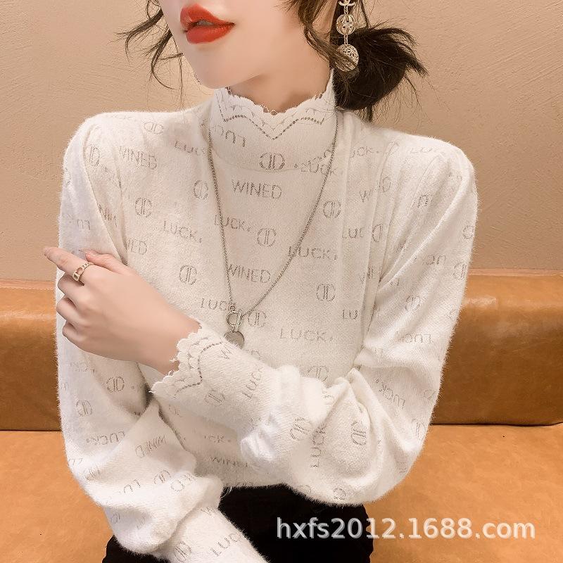 Autumn and Winter New Thickened Half-High Collar Inner Wear Blouse Women's Brushed Lace Bottoming Shirt Slim-Fit Long Sleeve All-Matching Outer Wear details Picture