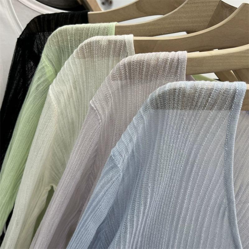thin long-sleeved ice silk knitted cardigan women's summer new sun protection air conditioning shirt v-neck temperament top outer blouse details Picture
