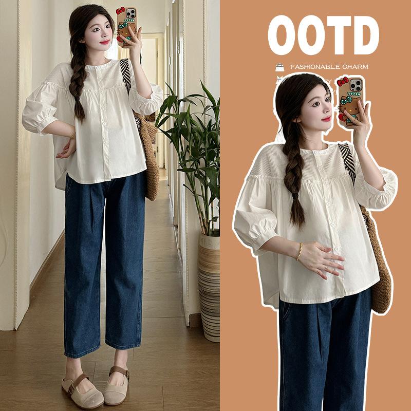 real shot spot pregnant women spring and summer shirt loose-fitting peasant blouse fashion suit 2024 new two-piece pants
