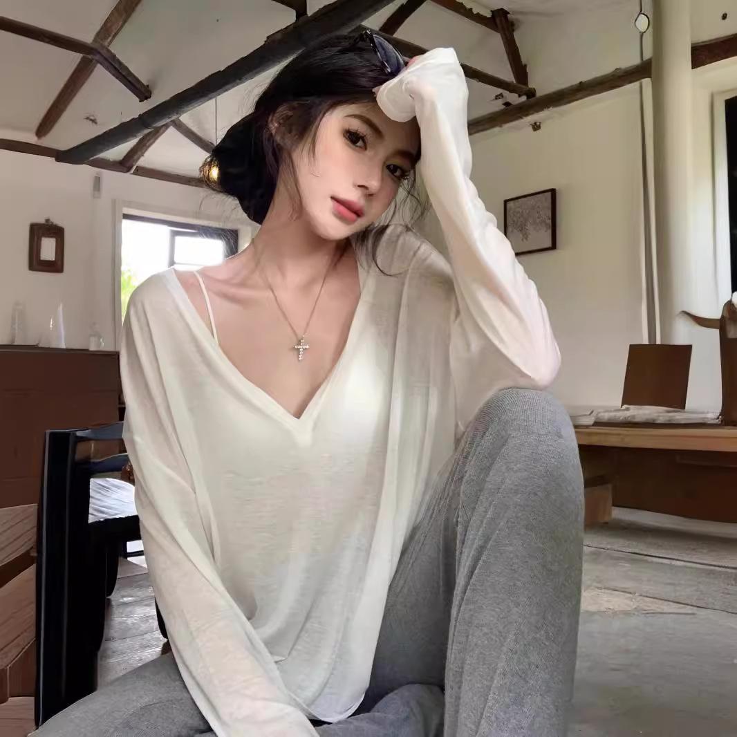 white in thin section micro transparent v-neck long-sleeved t-shirt women's summer loose sun protection blouse casual laid-back style overclothes top full figure