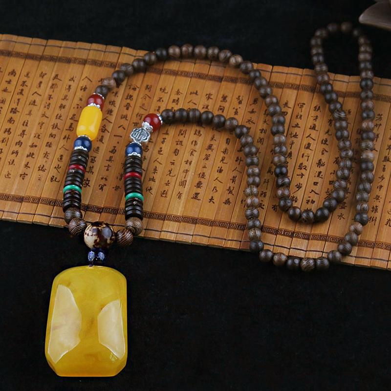 imitation beeswax pendant sweater chain ethnic style long necklace for women wooden bead vintage accessories all-match travel sweater pendant details Picture