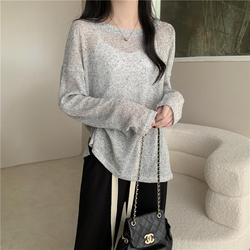spring and summer 2024 new thin round neck slimming blouse air conditioning shirt long sleeve knitted sun protection shirt women's t-shirt tops