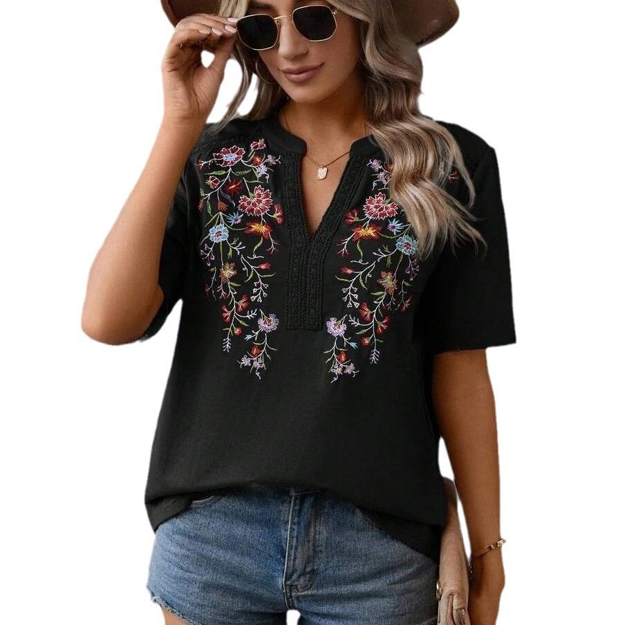 2024 european and american amazon cross-border summer new fashion ten thousand needles embroidery stitching lace lace-collared blouse women's t Item Picture