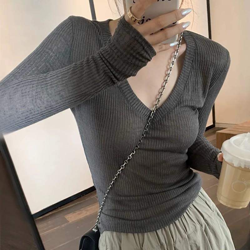 summer american v-neck long-sleeved t-shirt for women sun protective blouse lazy feeling thin office cardigan inner bottoming shirt top for women