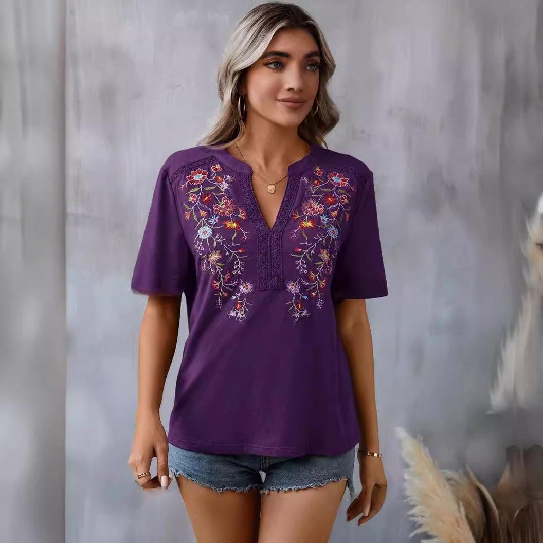 2024 european and american amazon cross-border summer new fashion ten thousand needles embroidery stitching lace lace-collared blouse women's t Specification drawing