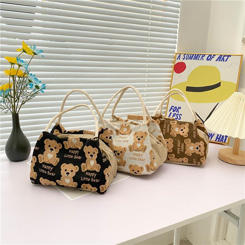 Linen Small Handbags Female 2021 New Cartoon Cute Bear Bento Box Fresh Artistic Student Make-up Bag