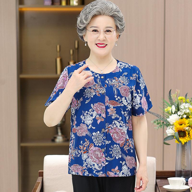 Middle-Aged and Elderly Summer Wear Mom Short Sleeve Artificial Cotton Cardigan Single Blouse Grandma Cotton Silk Shirt Old Lady Shirt details Picture