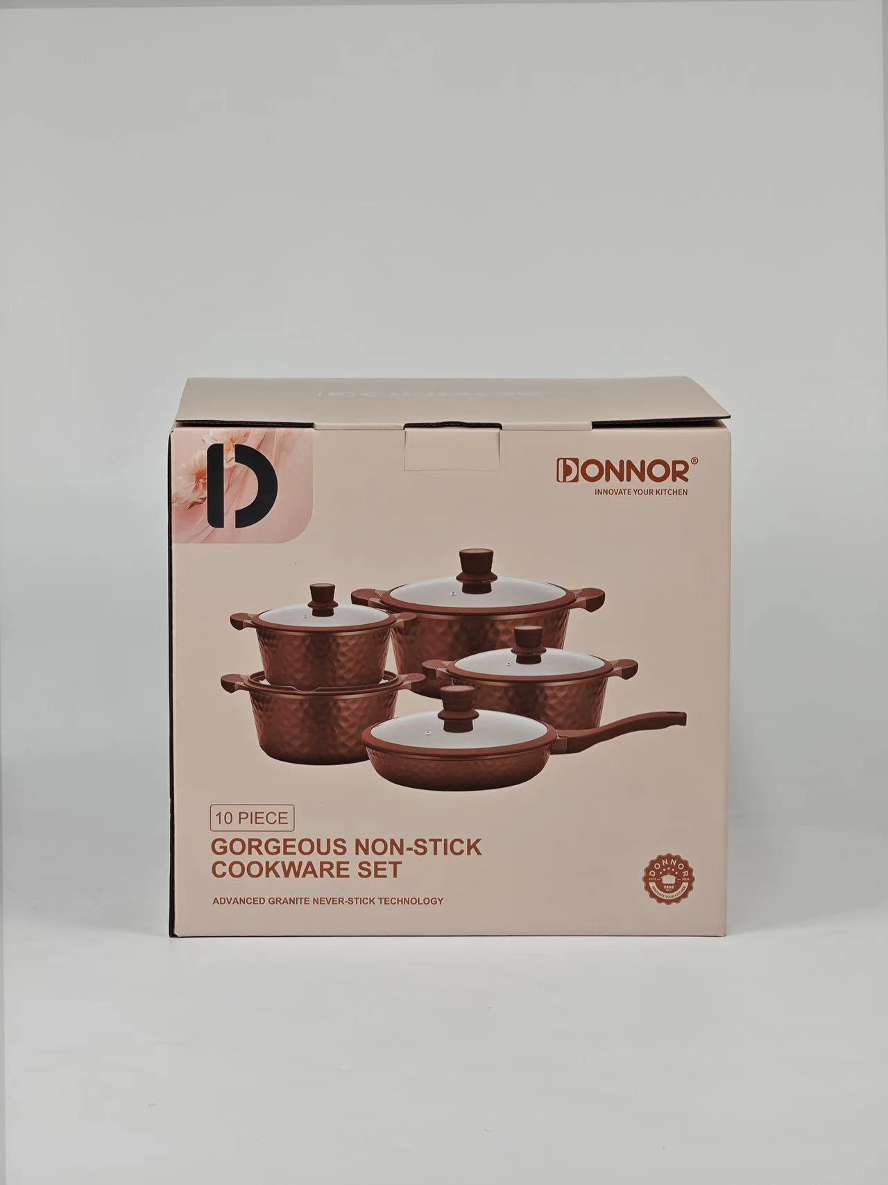 Qili Series 10-piece set: 20/24/28/32 soup POTS, 28 deep frying pans, silicone LIDS, five-layer silver-embossed color boxes stacked under the car, 2 sets per box. Colors: white, red, green, orange Item Picture